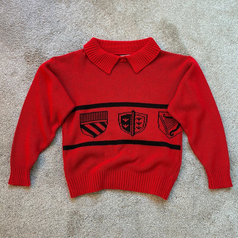 Vintage Blair Red Crest Collared Knit Sweater Petite Made in USA Academic 90s